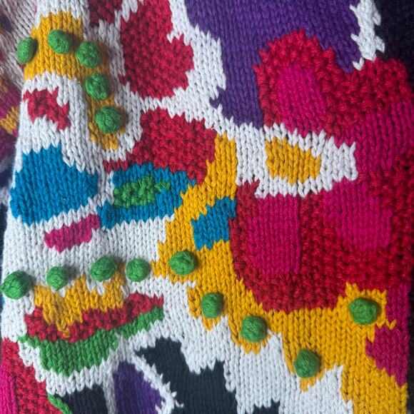 Vintage 80s/90s Hand Knit Chunky Floral Funky Gold Button Cardigan 2XL Jen Reed - Picture 5 of 9